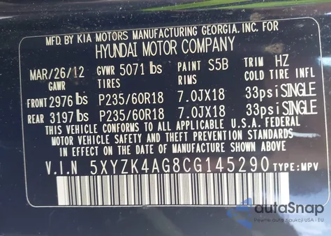 2012 Hyundai Santa Fe Limited V6 z USA, uszkodzony, nr VIN 5XYZK4AG8CG145290